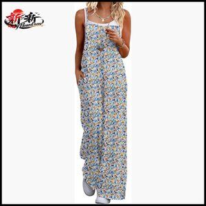 Sleeveless Jumpsuit Wide Leg Floral Romper with Pockets Polyester Spandex